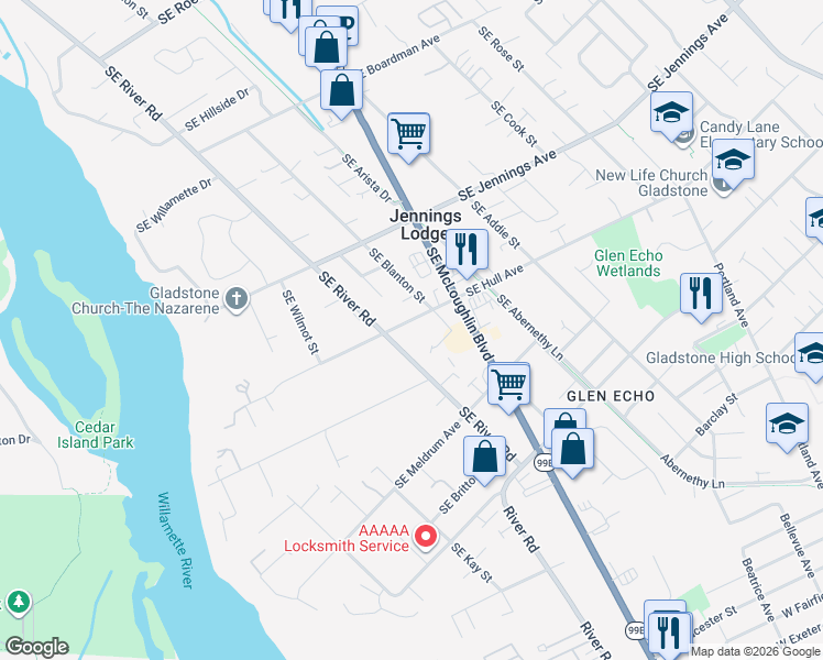 map of restaurants, bars, coffee shops, grocery stores, and more near 4800 Southeast Hull Avenue in Milwaukie