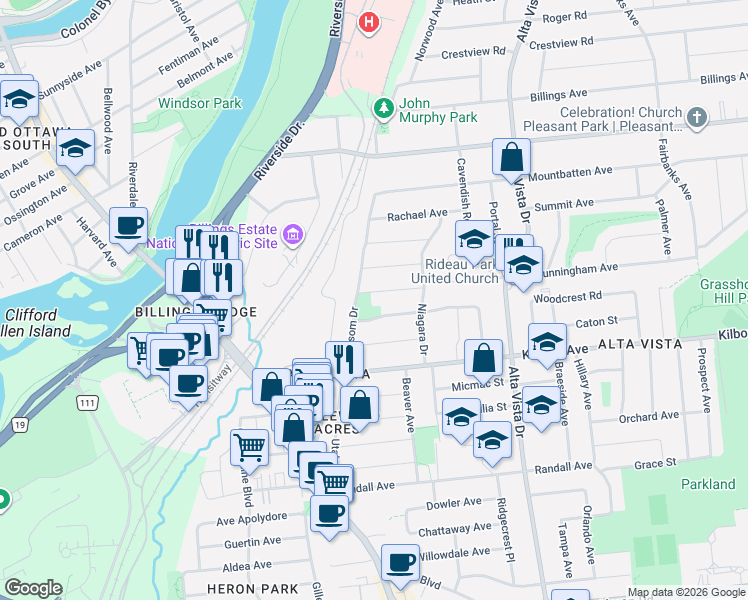 map of restaurants, bars, coffee shops, grocery stores, and more near in Ottawa