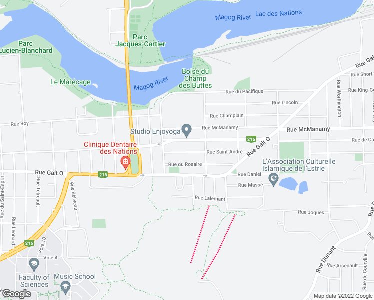 map of restaurants, bars, coffee shops, grocery stores, and more near 1541 Rue Saint-André in Sherbrooke