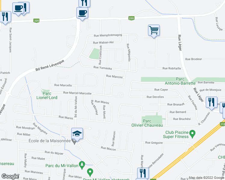 map of restaurants, bars, coffee shops, grocery stores, and more near 1695 Rue Malherbe in Sherbrooke