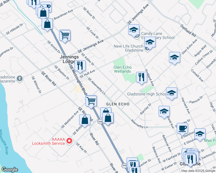 map of restaurants, bars, coffee shops, grocery stores, and more near 5551 Southeast Gill Street in Milwaukie