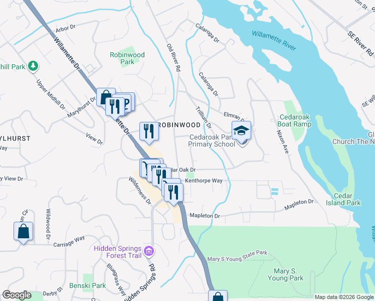 map of restaurants, bars, coffee shops, grocery stores, and more near 3820 Ridgewood Way in West Linn