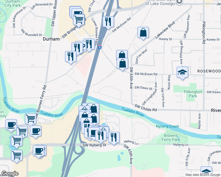map of restaurants, bars, coffee shops, grocery stores, and more near 6989 Southwest Montauk Circle in Lake Oswego