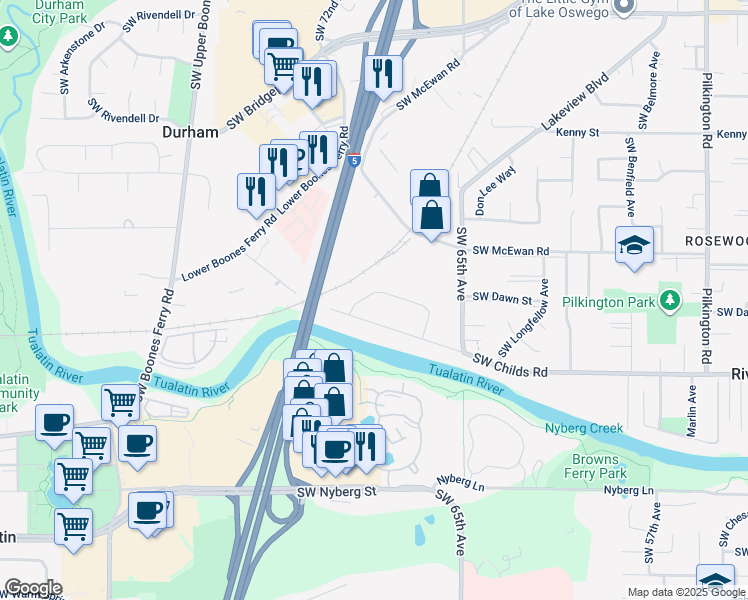map of restaurants, bars, coffee shops, grocery stores, and more near 7130 Southwest Montauk Circle in Lake Oswego