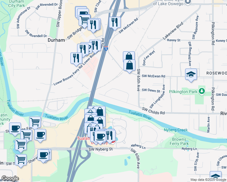 map of restaurants, bars, coffee shops, grocery stores, and more near 7085 Southwest Montauk Circle in Lake Oswego