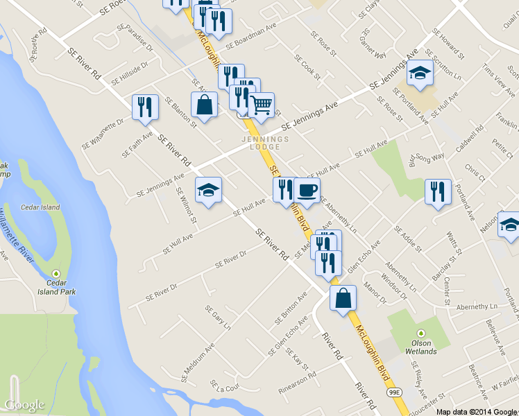 map of restaurants, bars, coffee shops, grocery stores, and more near 4800 SE Hull Ave in Milwaukie