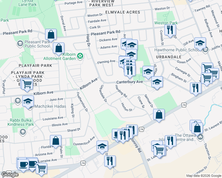 map of restaurants, bars, coffee shops, grocery stores, and more near 2213 Circle Place in Ottawa
