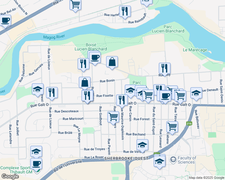 map of restaurants, bars, coffee shops, grocery stores, and more near 1111 Rue Desnoyers in Sherbrooke