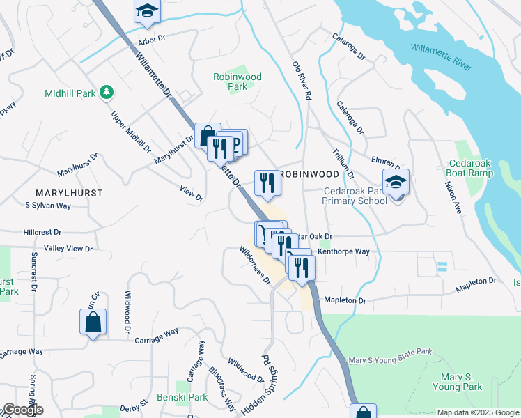 map of restaurants, bars, coffee shops, grocery stores, and more near 19060 Willamette Drive in West Linn