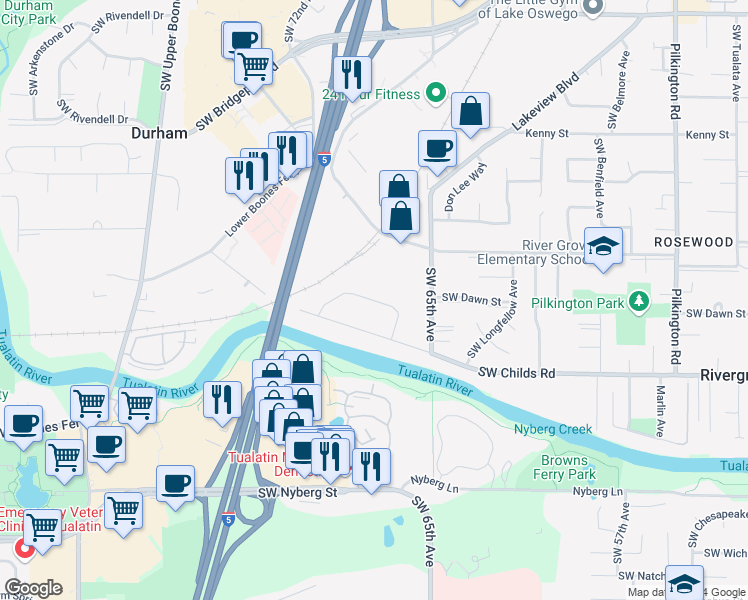 map of restaurants, bars, coffee shops, grocery stores, and more near 6976 Southwest Montauk Circle in Lake Oswego