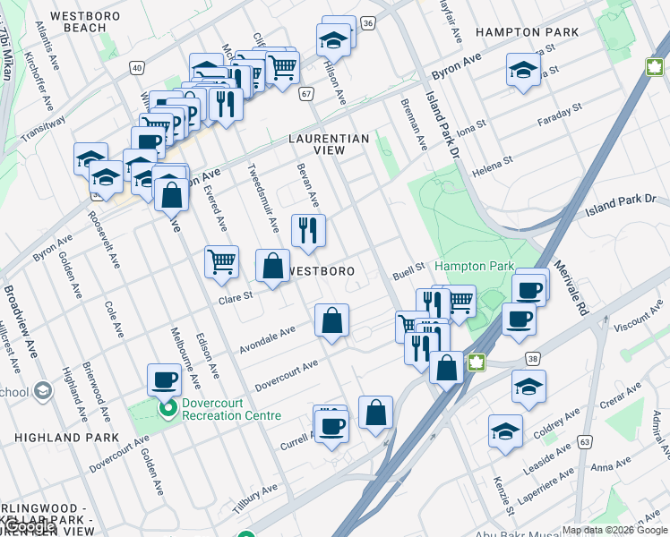 map of restaurants, bars, coffee shops, grocery stores, and more near 212 Clare Street in Ottawa