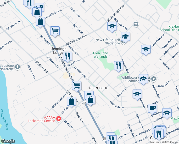 map of restaurants, bars, coffee shops, grocery stores, and more near 5551 Southeast Gill Street in Milwaukie