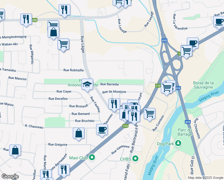 map of restaurants, bars, coffee shops, grocery stores, and more near 4149 Rue de Montjoie in Sherbrooke