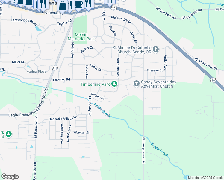 map of restaurants, bars, coffee shops, grocery stores, and more near 18631 Van Fleet Avenue in Sandy