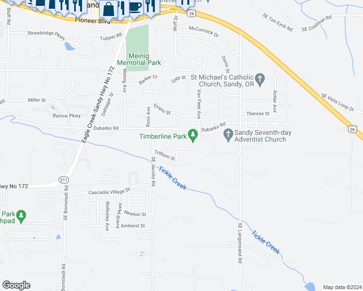 map of restaurants, bars, coffee shops, grocery stores, and more near 18639 Van Fleet Avenue in Sandy