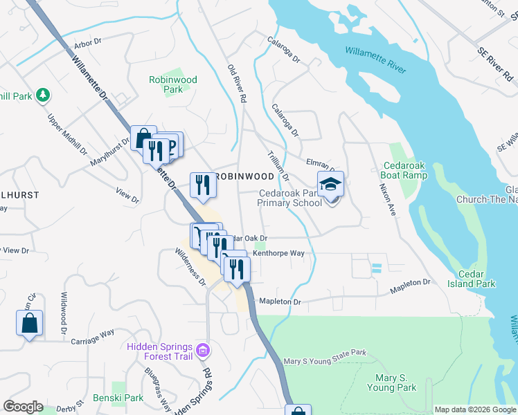 map of restaurants, bars, coffee shops, grocery stores, and more near 3820 Ridgewood Way in West Linn