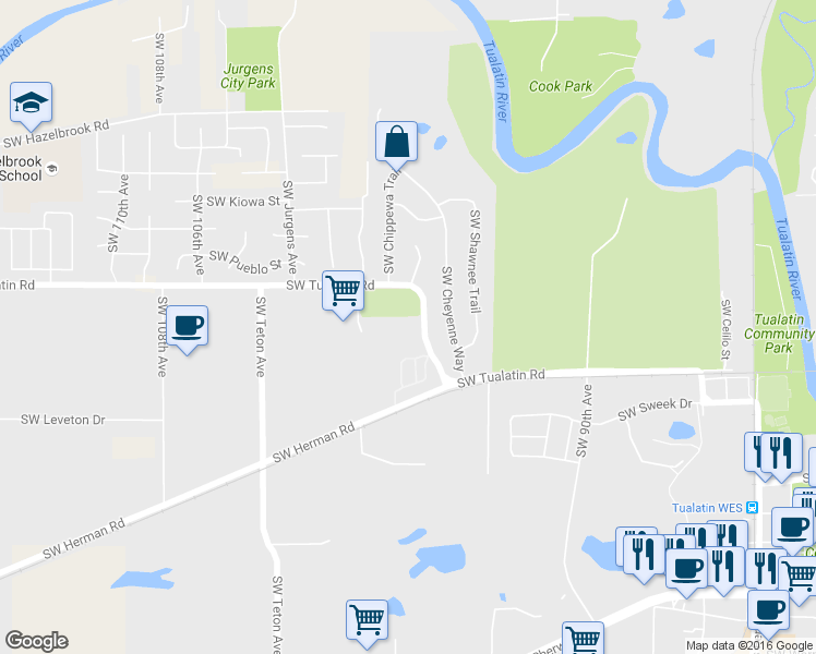 map of restaurants, bars, coffee shops, grocery stores, and more near 9778 Southwest Tualatin Road in Tualatin