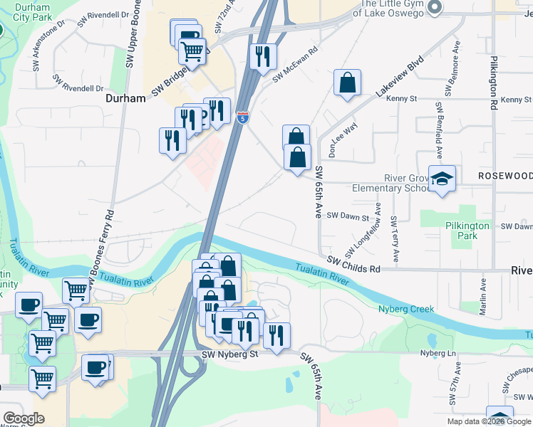 map of restaurants, bars, coffee shops, grocery stores, and more near Southwest Montauk Circle in Tualatin