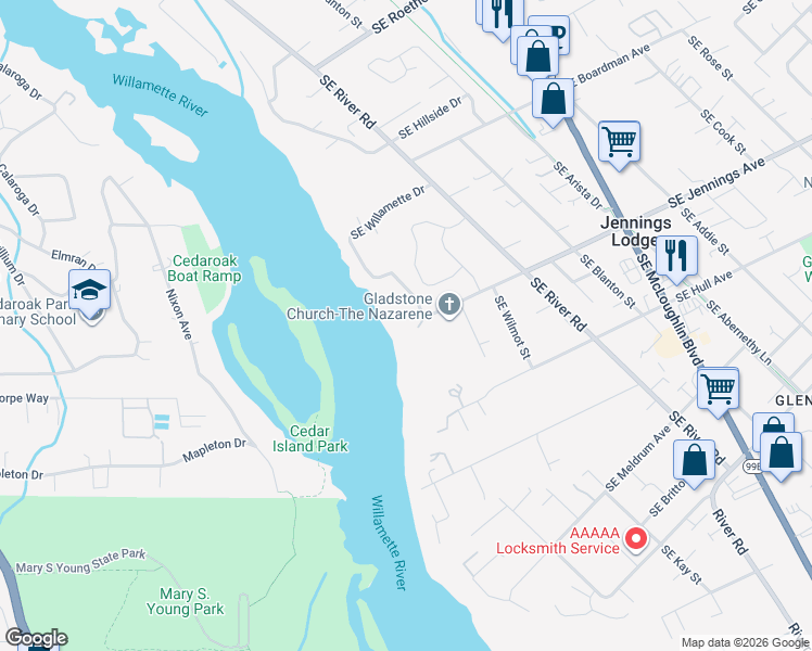 map of restaurants, bars, coffee shops, grocery stores, and more near 18538 Southeast Willamette Drive in Milwaukie
