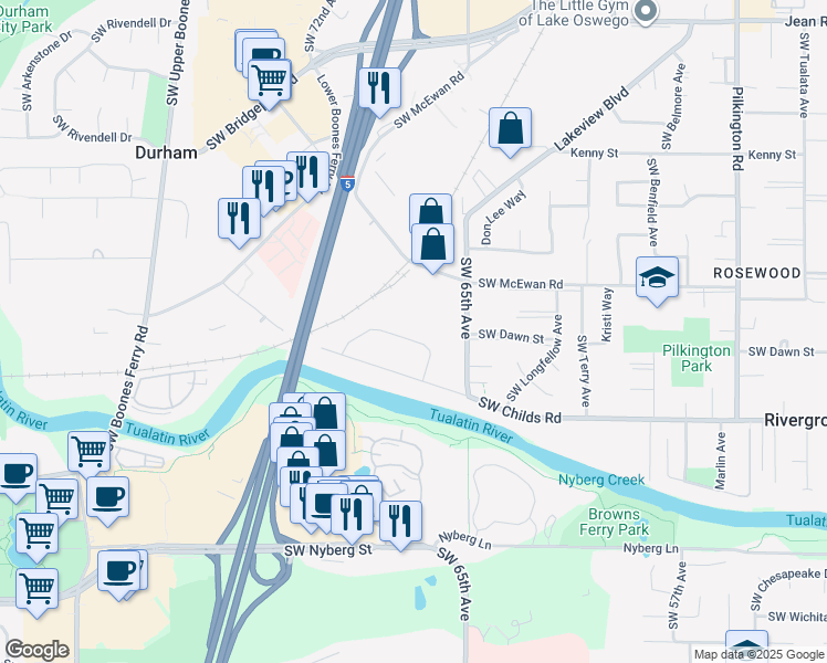 map of restaurants, bars, coffee shops, grocery stores, and more near 6989 Southwest Montauk Circle in Lake Oswego