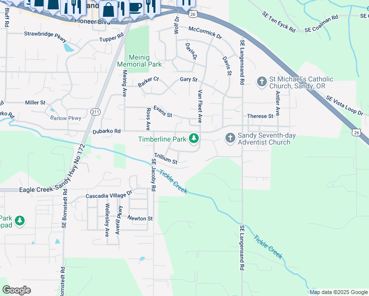map of restaurants, bars, coffee shops, grocery stores, and more near 18631 Van Fleet Avenue in Sandy