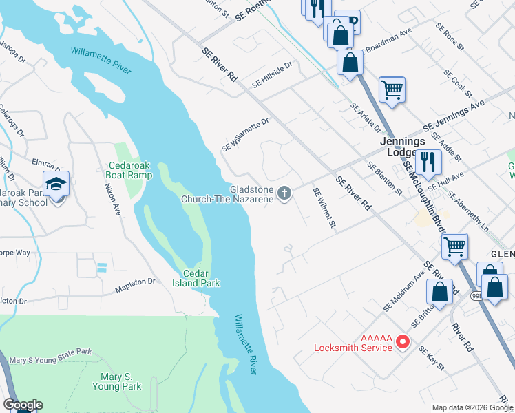 map of restaurants, bars, coffee shops, grocery stores, and more near 18538 Southeast Willamette Drive in Milwaukie