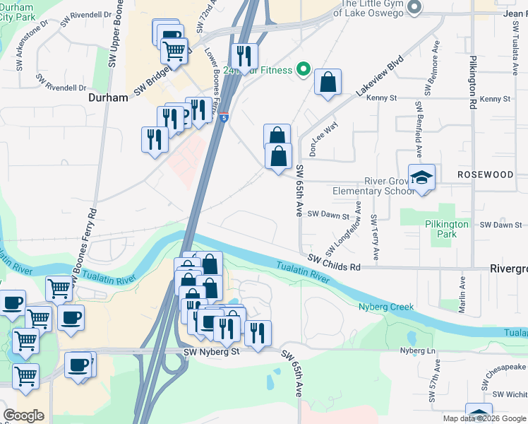 map of restaurants, bars, coffee shops, grocery stores, and more near 6989 Southwest Montauk Circle in Lake Oswego