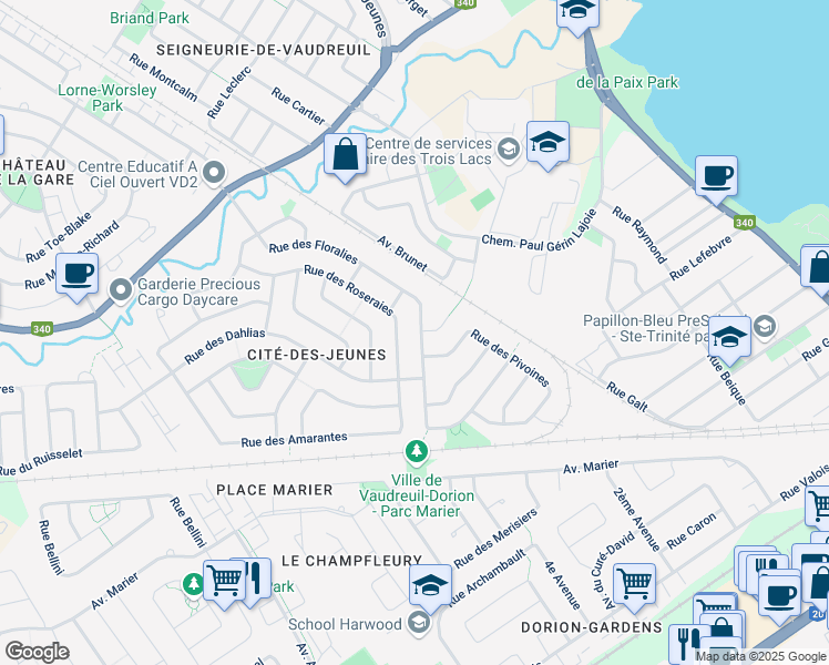 map of restaurants, bars, coffee shops, grocery stores, and more near 2633 Rue des Floralies in Vaudreuil-Dorion