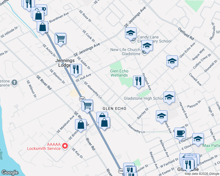 map of restaurants, bars, coffee shops, grocery stores, and more near Southeast Addie Street in Portland
