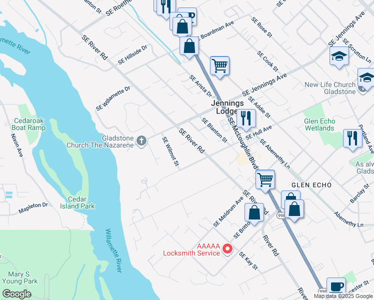 map of restaurants, bars, coffee shops, grocery stores, and more near 18521 Southeast River Road in Milwaukie