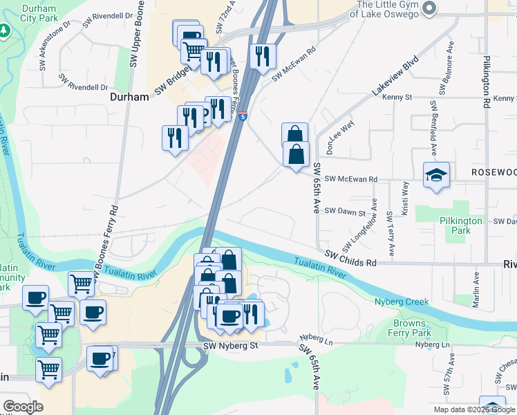 map of restaurants, bars, coffee shops, grocery stores, and more near 7120 Montauk Circle in Lake Oswego