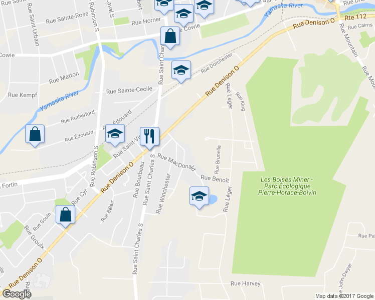 map of restaurants, bars, coffee shops, grocery stores, and more near 423 Rue Churchill in Granby