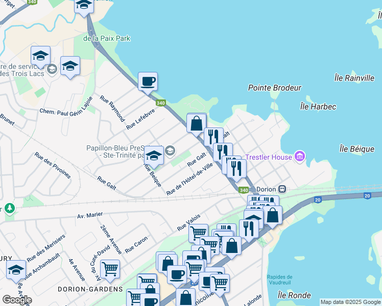 map of restaurants, bars, coffee shops, grocery stores, and more near 134 Rue des Loisirs in Vaudreuil-Dorion