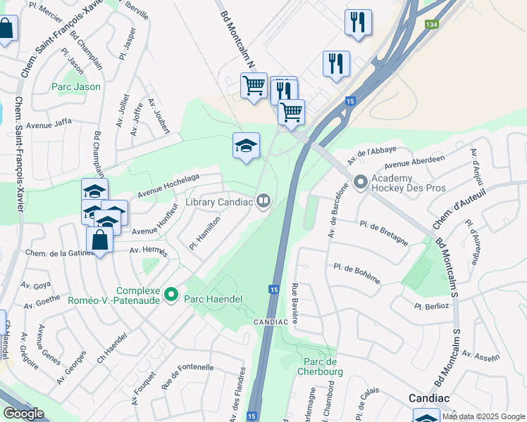 map of restaurants, bars, coffee shops, grocery stores, and more near 59 Chemin Haendel in Candiac