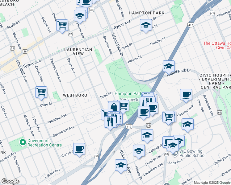 map of restaurants, bars, coffee shops, grocery stores, and more near 116 Buell Street in Ottawa
