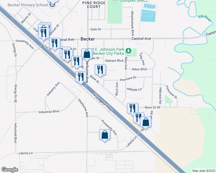 map of restaurants, bars, coffee shops, grocery stores, and more near 14126 Bank Street in Becker