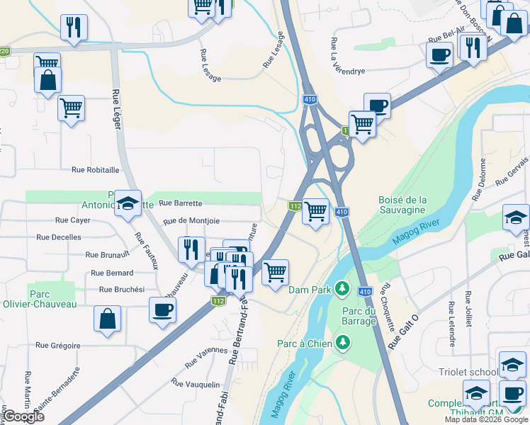 map of restaurants, bars, coffee shops, grocery stores, and more near 140 Rue Sauvé in Sherbrooke