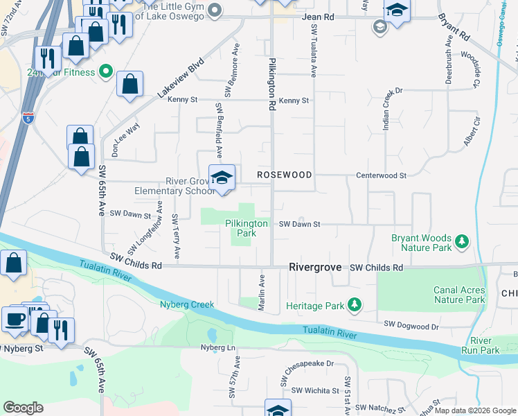 map of restaurants, bars, coffee shops, grocery stores, and more near 18965 Pilkington Road in Lake Oswego