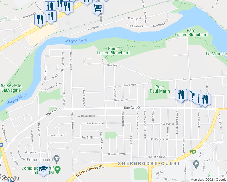 map of restaurants, bars, coffee shops, grocery stores, and more near 1087 Rue Blais in Sherbrooke
