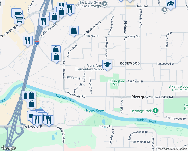 map of restaurants, bars, coffee shops, grocery stores, and more near 18962 Southwest Terry Avenue in Lake Oswego