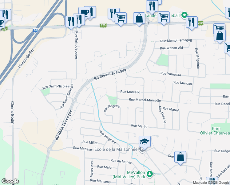 map of restaurants, bars, coffee shops, grocery stores, and more near 1548 Rue Marcel-Marcotte in Sherbrooke
