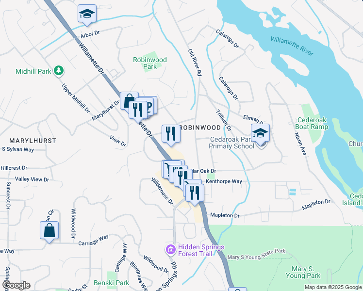 map of restaurants, bars, coffee shops, grocery stores, and more near 3595 Cedaroak Drive in West Linn