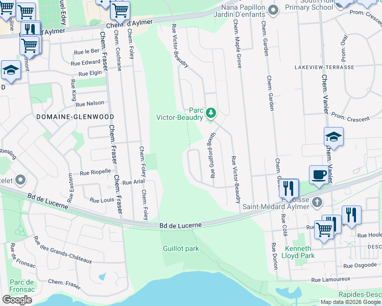 map of restaurants, bars, coffee shops, grocery stores, and more near 62 Rue Norval-Jones in Gatineau