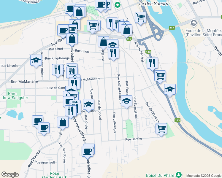 map of restaurants, bars, coffee shops, grocery stores, and more near 1165 Rue LaRocque in Sherbrooke