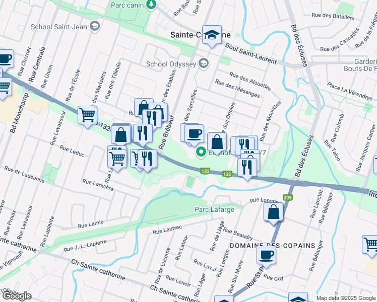 map of restaurants, bars, coffee shops, grocery stores, and more near 4810 Québec 132 in Sainte-Catherine