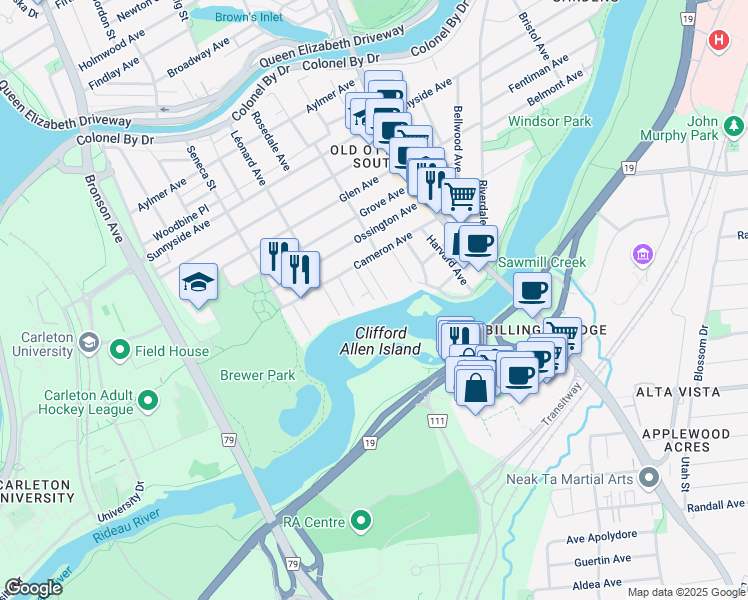 map of restaurants, bars, coffee shops, grocery stores, and more near Osborne Street in Ottawa