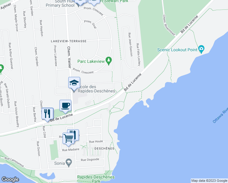 map of restaurants, bars, coffee shops, grocery stores, and more near 120 Rue du Pavillon in Gatineau