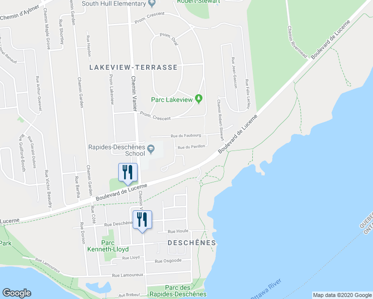 map of restaurants, bars, coffee shops, grocery stores, and more near 44 Rue du Pavillon in Gatineau