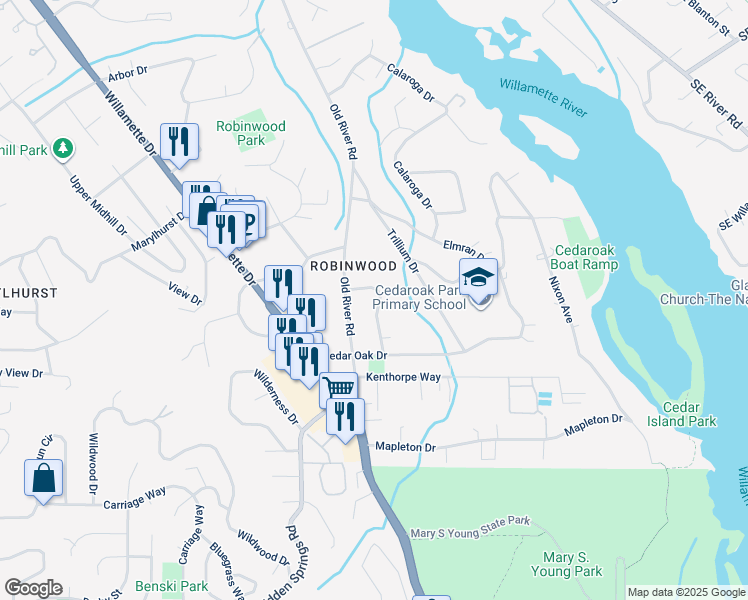 map of restaurants, bars, coffee shops, grocery stores, and more near 3740 Ridgewood Way in West Linn