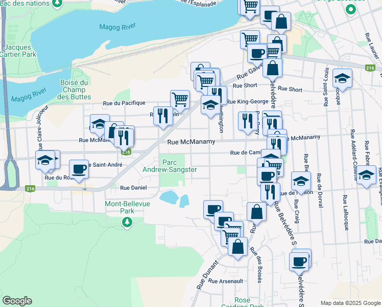 map of restaurants, bars, coffee shops, grocery stores, and more near Rue Fairmount in Sherbrooke